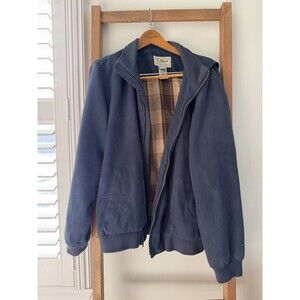 L.L. Bean Blue Microsuede Flannel Lined Bomber Jacket Size Large Y2K Dadcore